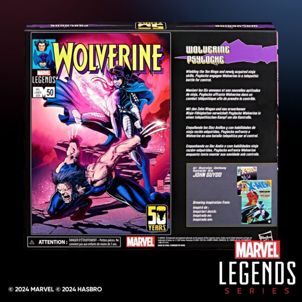 Hasbro presenta, dentro de la colección Marvel Legends Series, este set de 2 figuras de Wolverine & Lady Psylocke. Miden 15 cm y están basadas en los personajes de los cómics de "X-Men". Cuenta con más de 20 puntos de articulación e incluye 1x cabeza alternay 1x pr de manos para Lobezno y 1x cabeza, 1x par de manos y 2x efectos para Psylocke.