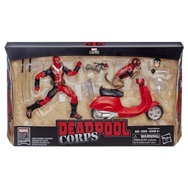 Hasbro presenta, dentro de la colección Marvel Legends Series, el set de figuras de Deadpool Corps. Incluye a Deadpool, Dogpool, Squirrelpool y 1x Scooter (todo a escala 15 cm). Incorpora también accesorios como 2x katanas, 1x bocina, 1x cabeza alternativa y pegatinas.